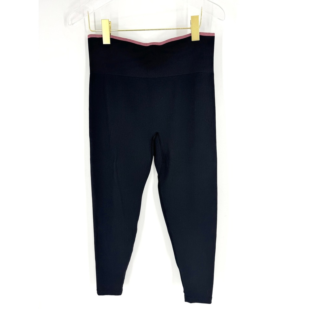 Outdoor Voices Seamless Ribbed Leggings Black Pink Logo High Waist‎ Medium